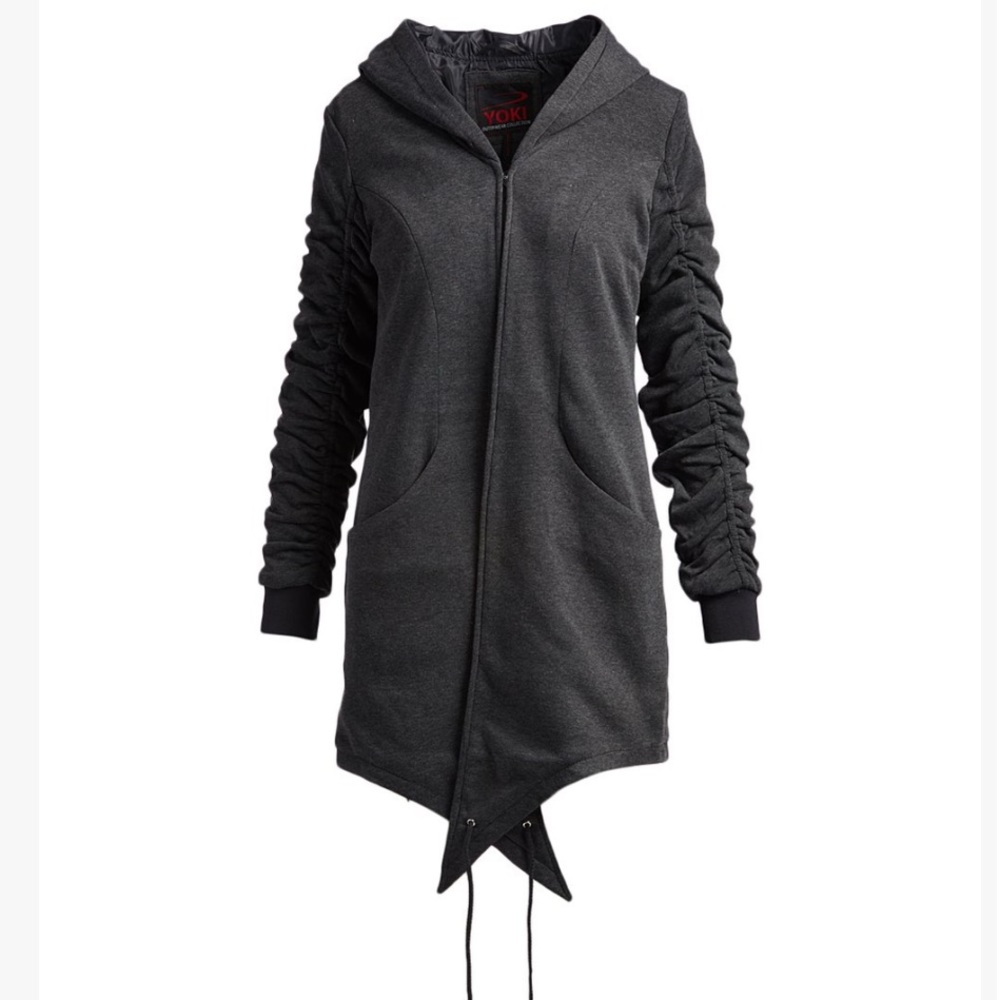 Yoki Charcoal Ruched-sleeve Hooded Jacket- zipper closure- gray  S- 33in L- NWT